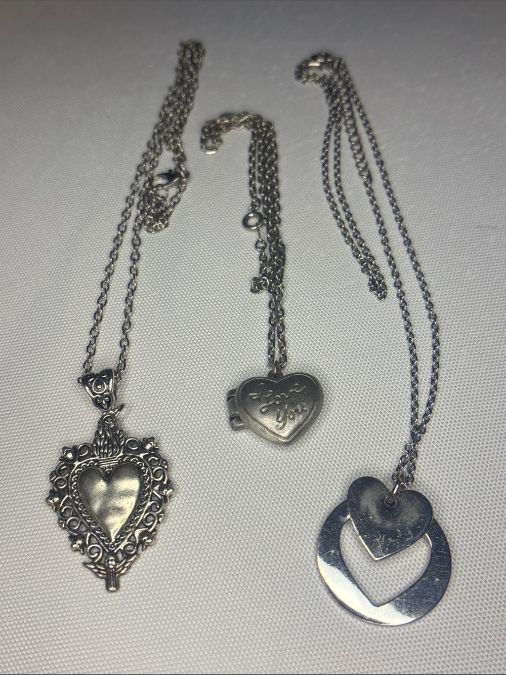 Silver Tone Heart Pendant Necklace trio,- Silver